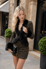 Leopard Print Shiny Fur Collar Patchwork Two Piece Set