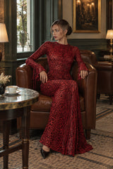 Red Leopard Print Crew Neck Backless Mermaid Maxi Dress