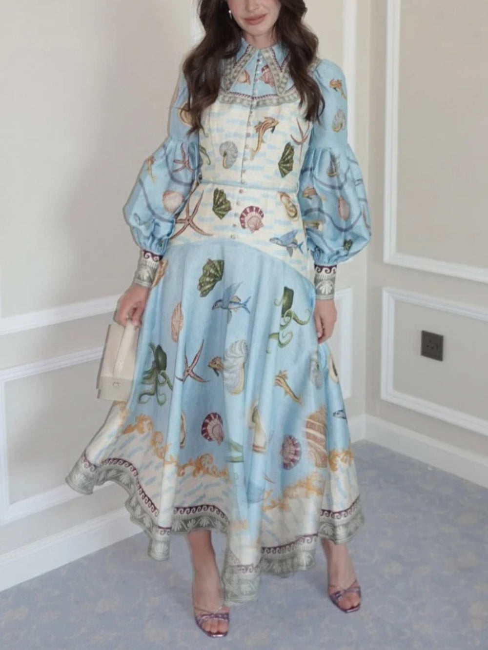 Deep Sea Floral Print Single-Breasted Midi Dress