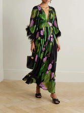 Elegant Feather Trim Floral Print Flowy Maxi Dress