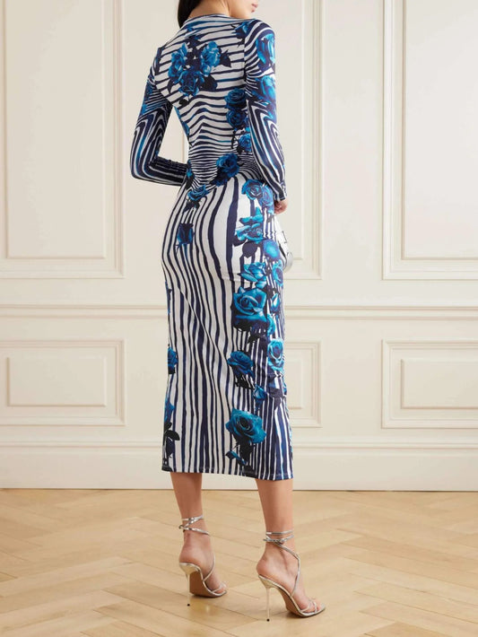 Vintage Rose Stripe Print Midi Dress