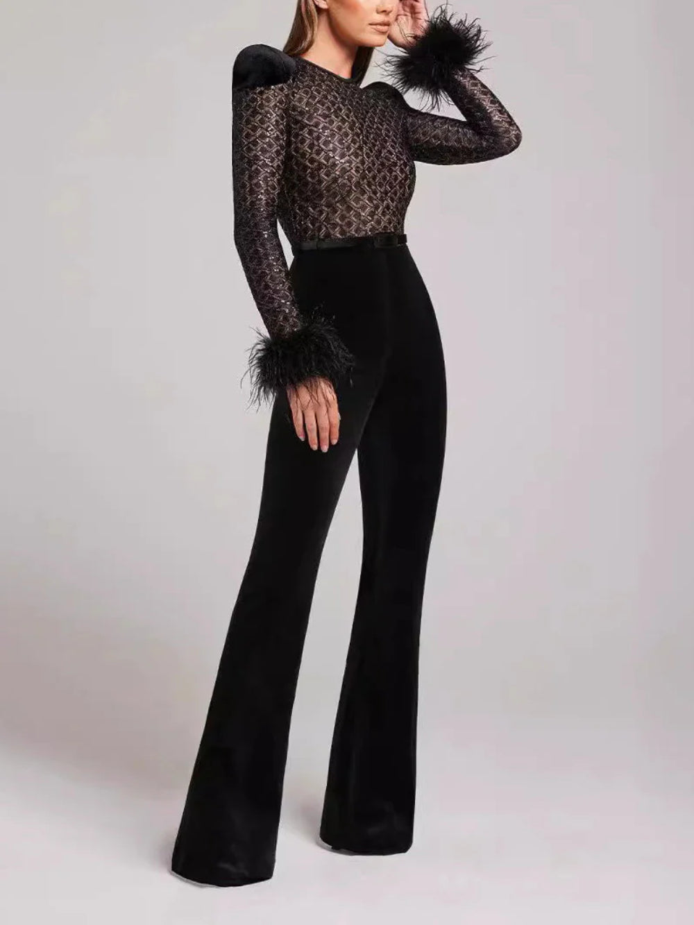Lace Sequin Feather Trim Flared Jumpsuit