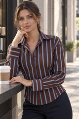 Vertical Stripe Fitted Long Sleeve Button Blouse