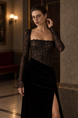 Lace Panel High Slit Long Sleeve Maxi Lace Dress
