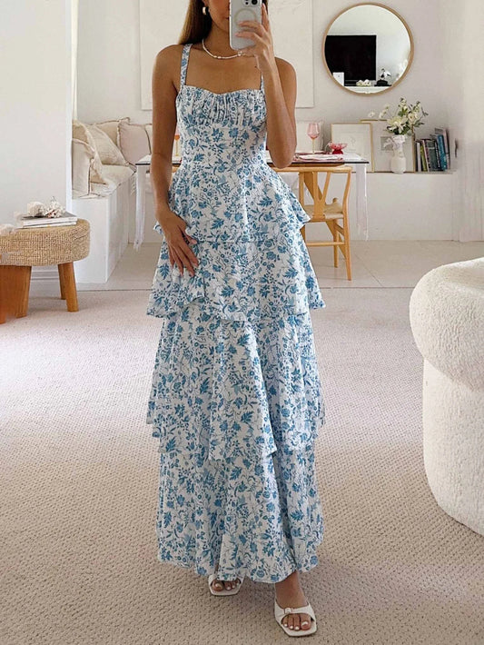 Sweet Floral Backless Midi Dress