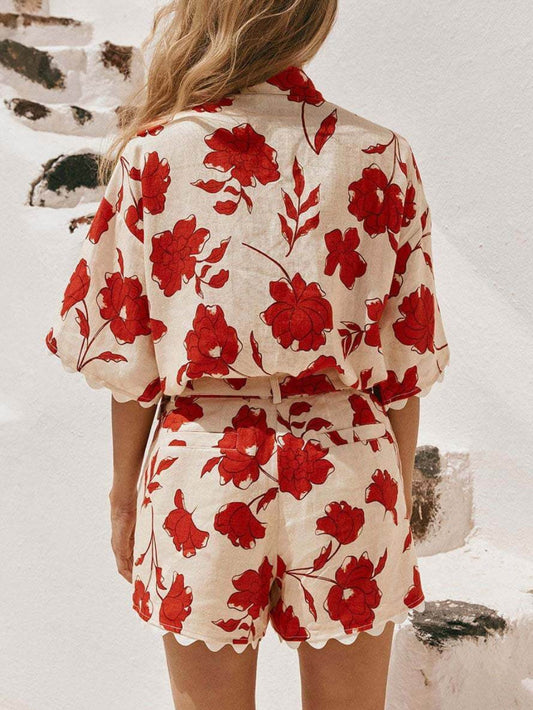 Casual Lace Print Shorts Set