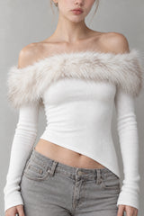 Fuzzy Long Sleeve Off Shoulder Asymmetric Long Sleeve Tee