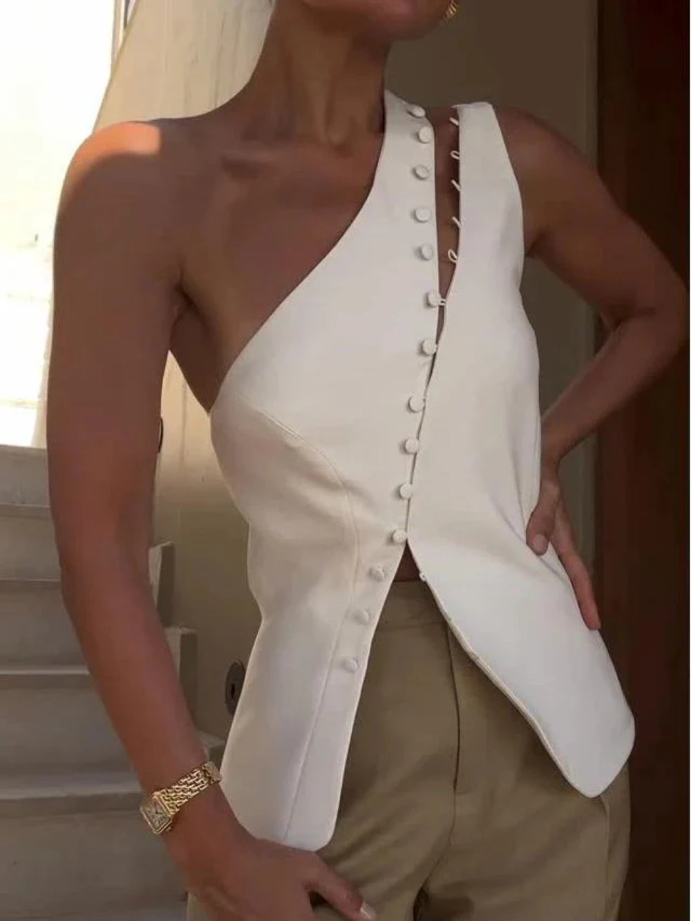 Asymmetrical Button One-Shoulder Top