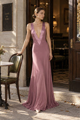 Deep V Satin Backless Maxi Dress
