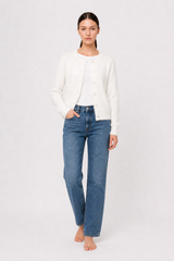 Soft Gray Vintage Shell-Button Knit Cardigan