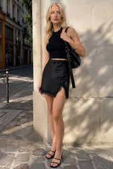 High Waist Lace Panel Slit Office Mini Skirt
