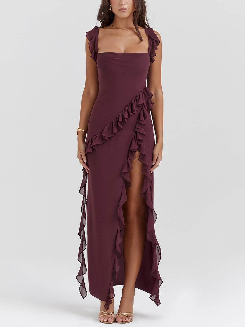 Fashion Sexy Ruffle Trim Color-Block Slit Dress