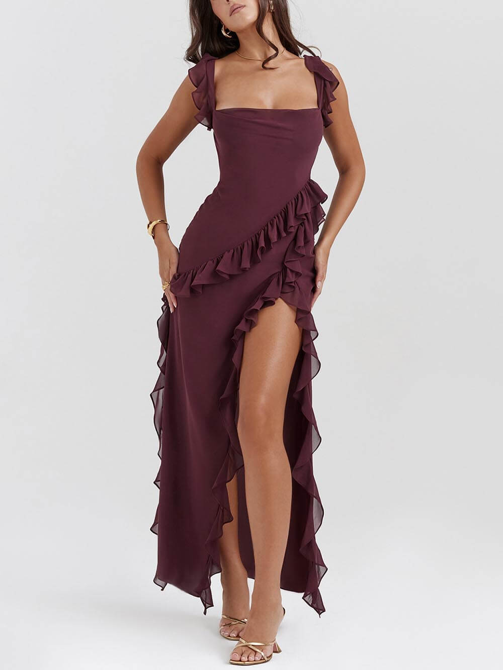 Fashion Sexy Ruffle Trim Color-Block Slit Dress