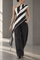 Striped Chiffon One Shoulder Tie Blouse