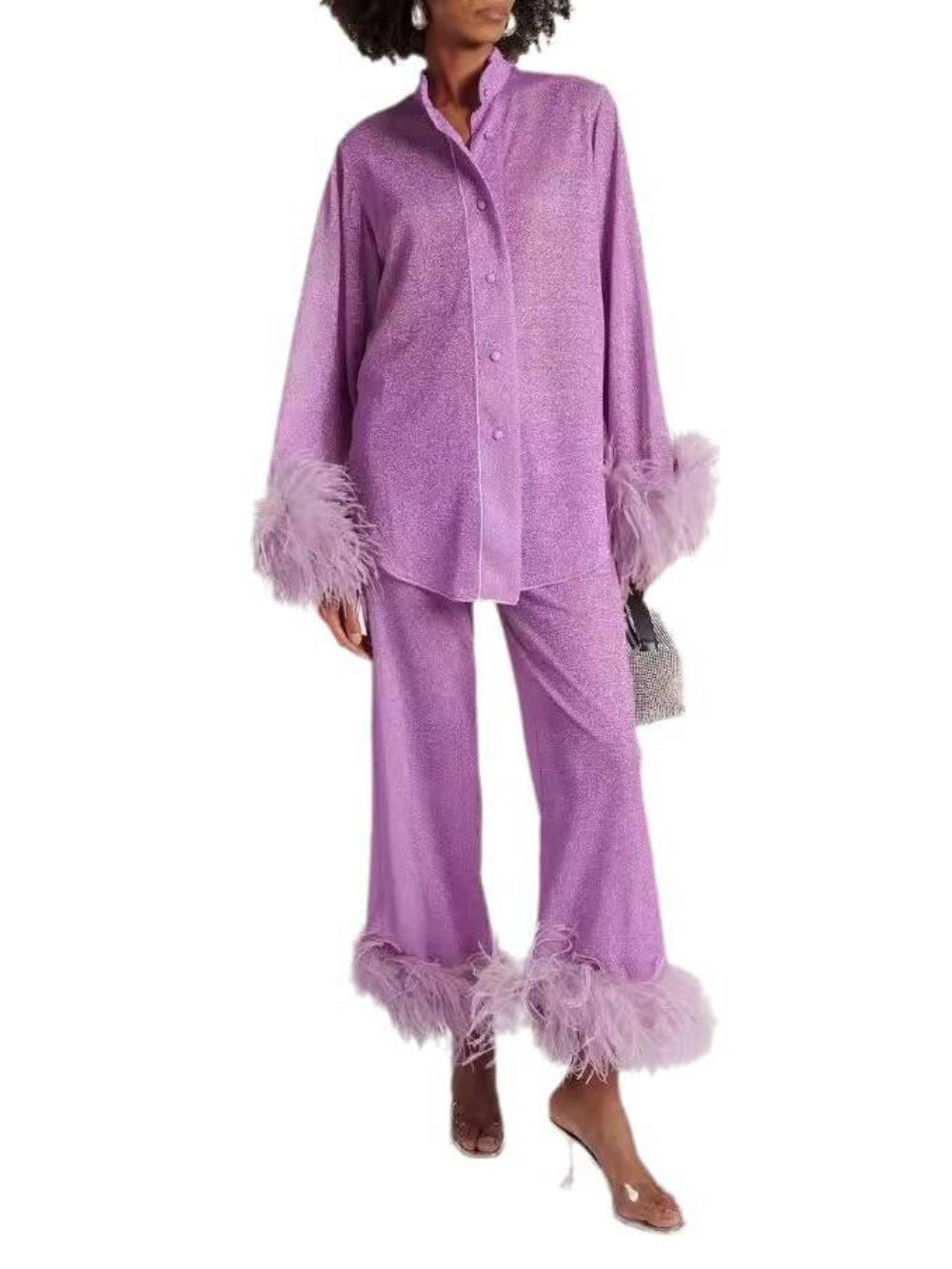 Feather Collar Shirt & Pants Set