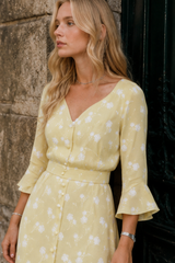 Asymmetric V Neck Flare Sleeve Floral Dress