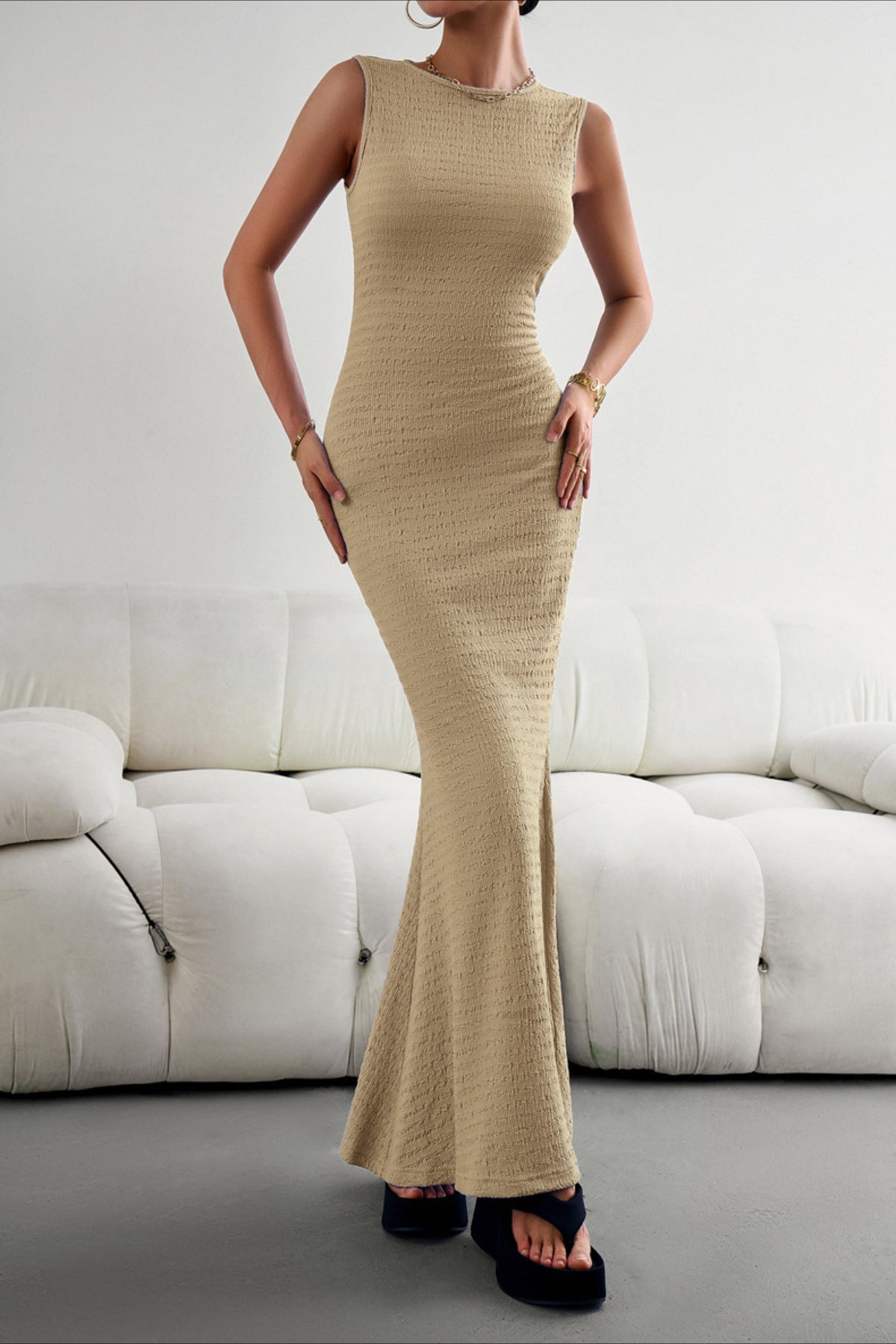 Elegant Lace Hook Open Back Asymmetric Hem Flared Waist Dress