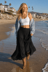 Boho Chic High Waisted Contrast Drawstring A Line Maxi Skirt