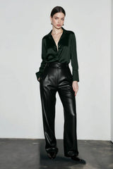 Lace Leather Panel Sheer Long Sleeve Chic Blouse