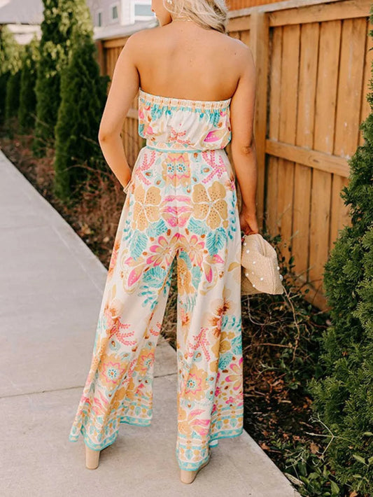 Printed Folk Style Wrap Collar Jumpsuit