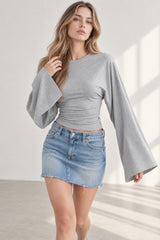 Solid Crew Neck Wide Sleeve Waist Cinched Long Sleeve Tee