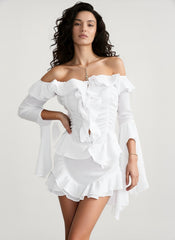Stylish Off Shoulder Long Sleeve Ruffle Skirt Set