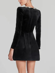Elegant Square Neck Rhinestone Velvet Mini Dress