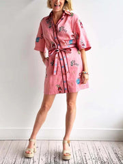 Printed Shirt Collar Single-breasted Mini Dress