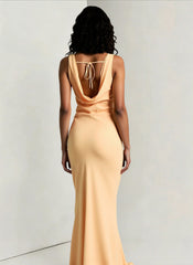 Satin Bodycon Backless Fish Maxi Dress