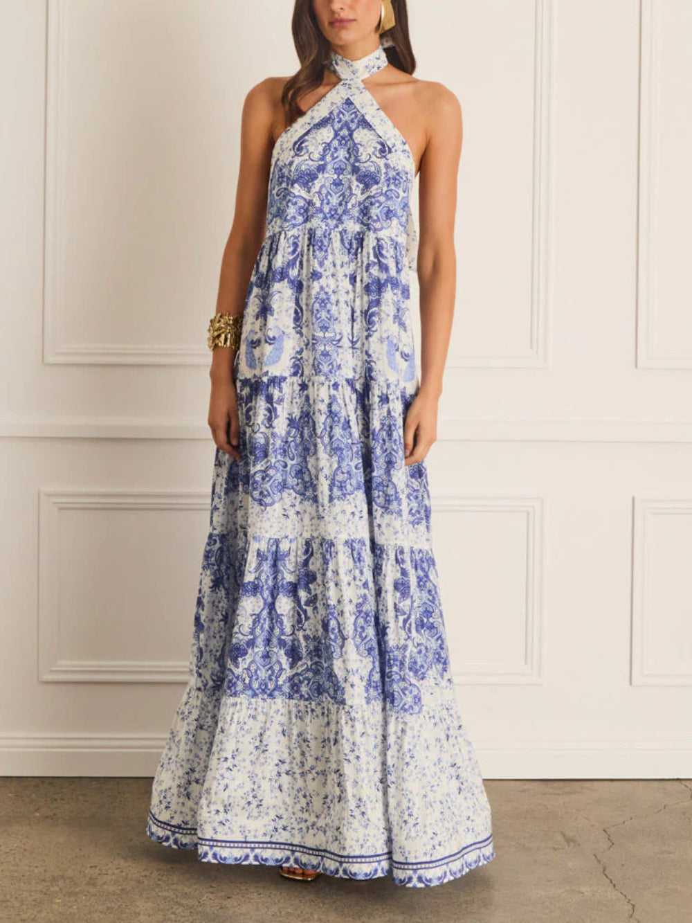Floral Halter Backless Tie Ruffled Dress