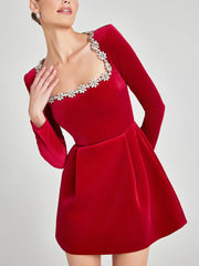 Elegant Square Neck Rhinestone Velvet Mini Dress