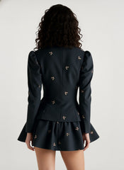 Embroidered Waist-Cinched Blazer & Mini Skirt Two Piece Set