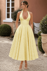 Halter V Neck Jacquard Backless Midi Dress