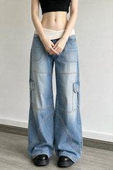 Washed Distressed Sporty Waist Wide Leg Jeans