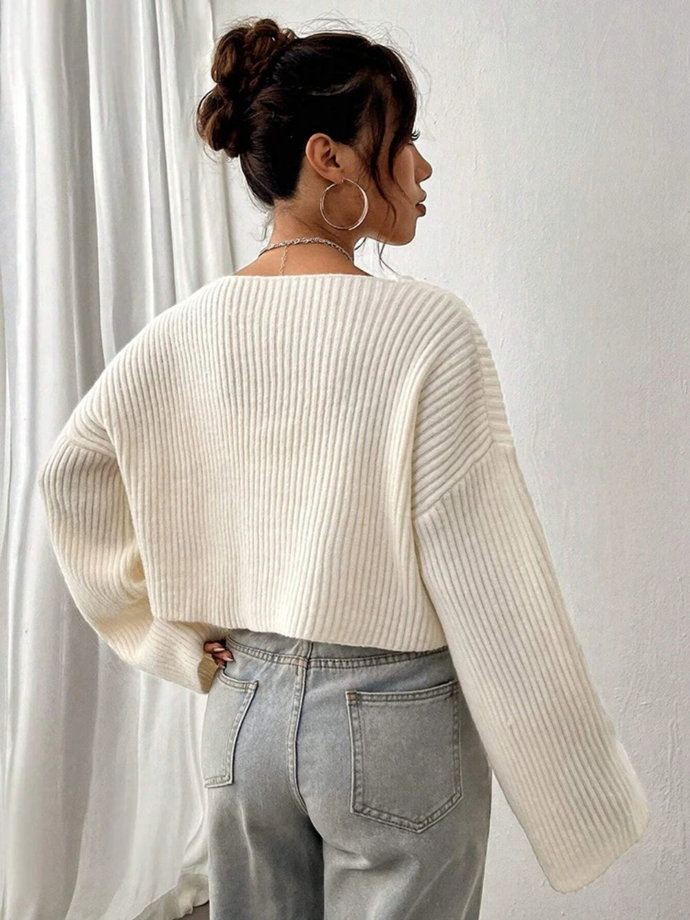 Solid V-Neck 3D Texture Knitted Sweater