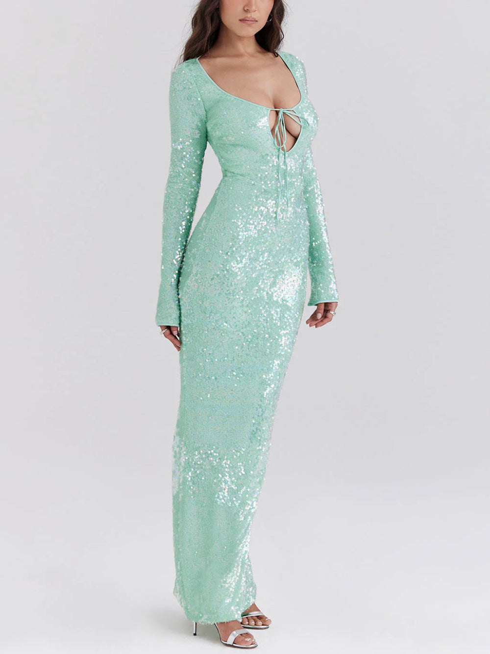 Sequin U-Neck Tie Sexy Long Elegant Evening Dress