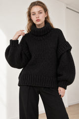 Solid Patchwork Chunky Fluffy Turtleneck Sweater