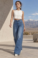 Washed Beaded High Waist Straight Leg Jeans