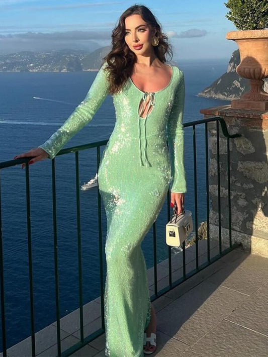 Sequin U-Neck Tie Sexy Long Elegant Evening Dress