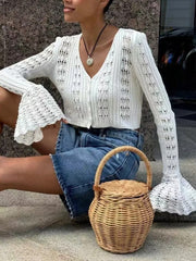 Hollow Knit V-Neck Crop Cardigan