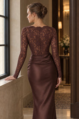 Sheer Lace Panel Ruched Satin Mermaid Maxi Lace Dress