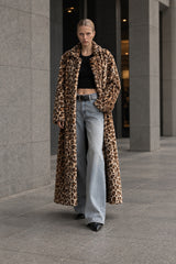Leopard Print Notched Collar Longline Faux Fur Overcoat