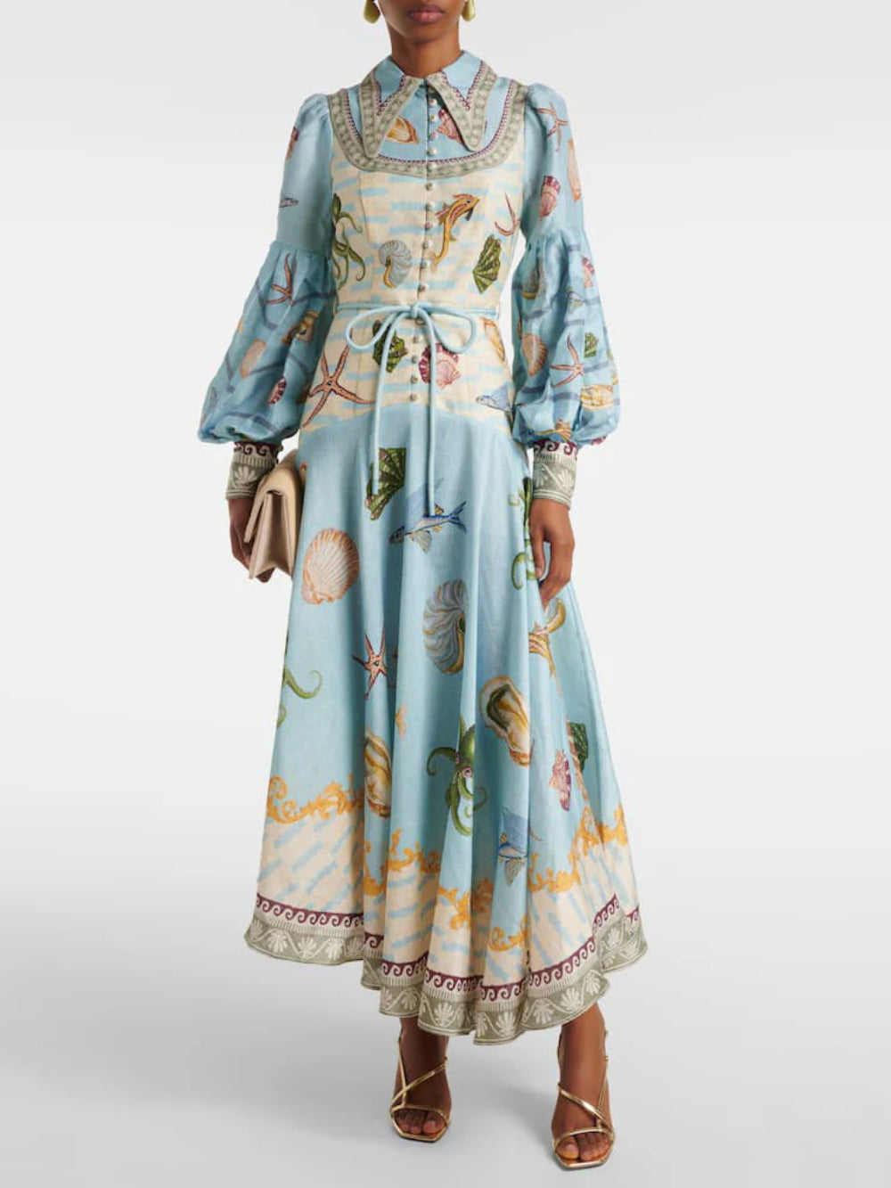 Deep Sea Floral Print Single-Breasted Midi Dress