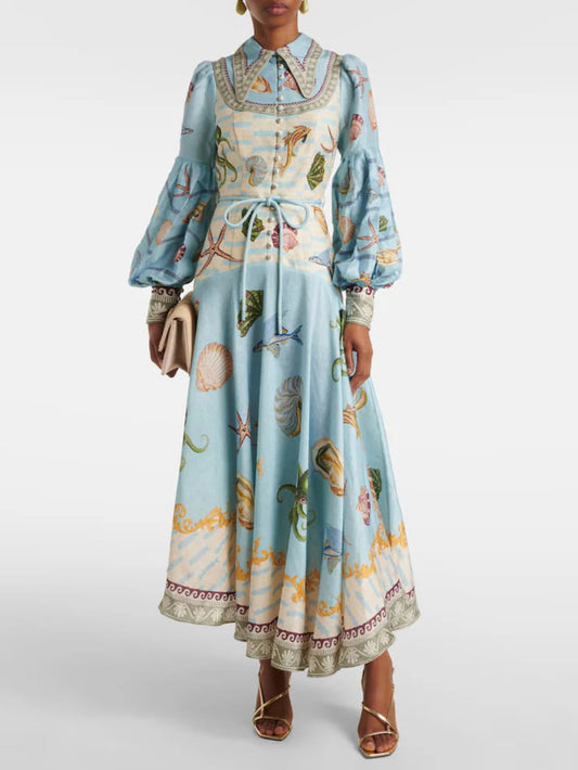 Deep Sea Floral Print Single-Breasted Midi Dress