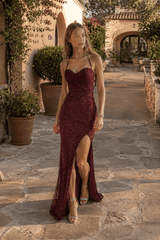Solid Plunging Backless Slit Fitted Maxi Party Dress