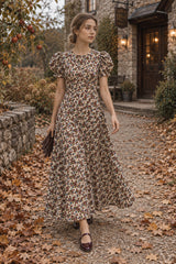 Puff Flower Print Slim Cotton Holiday Midi Dress