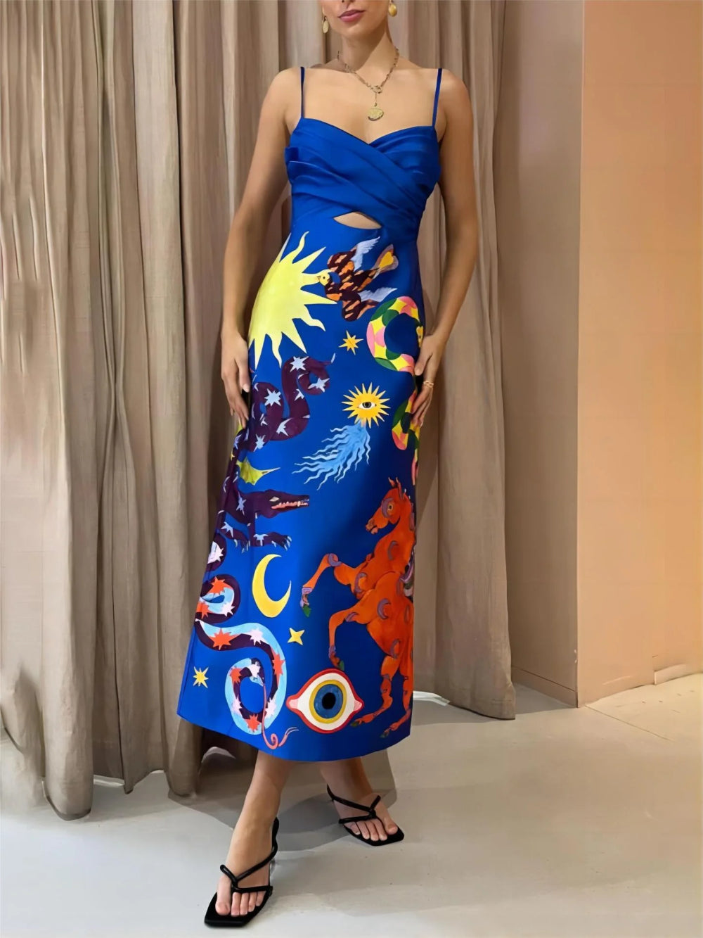 Sexy Satin Backless Floral Cami Dress