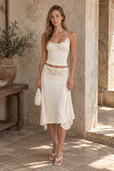 Elegant Lace Trim Cami Top High Rise Asymmetric Skirt Sets