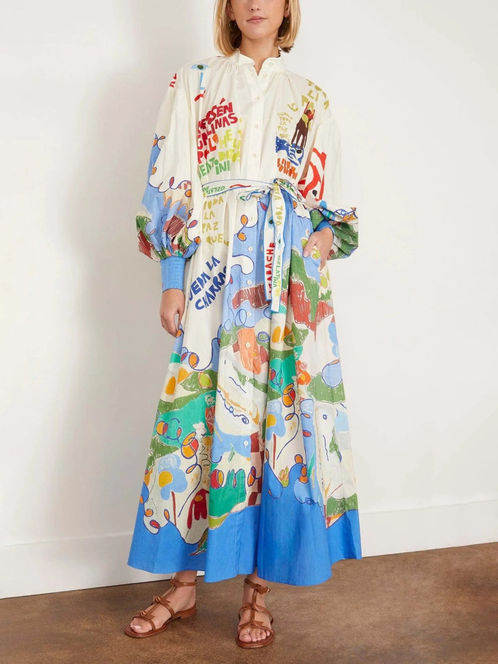 Button-Down Lantern Sleeve Graffiti Print Waist-Tied Dress