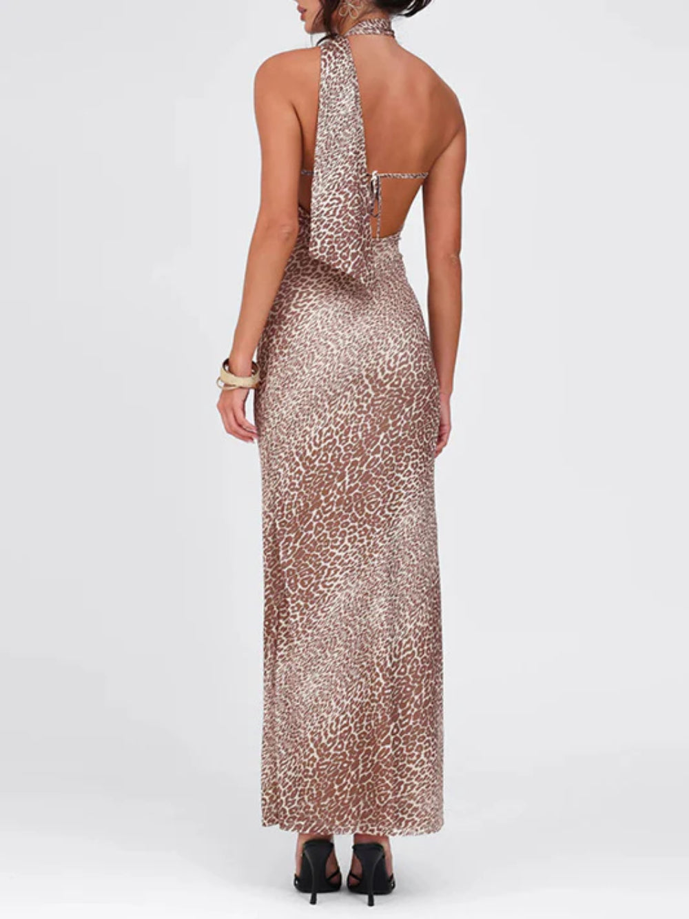 Sleeveless Halter Asymmetric Fitted Leopard Dress